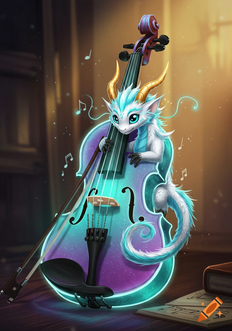 A cute white and teal dragon with gold horns rests on an illuminated, glowing aqua, purple, and teal violin, with sheet music nearby.