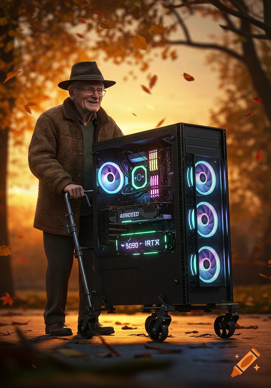 An elderly man in a hat pushes a large, RGB-lit desktop computer on wheels like a walker through an autumn park at sunset.