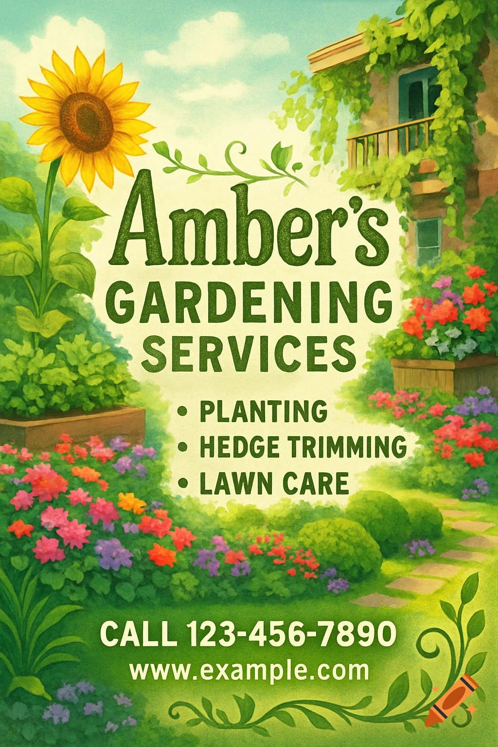 A vibrant illustration of a gardening services flyer with a large sunflower, a house, colorful flowers, and text for 'Amber's Gardening Services'.