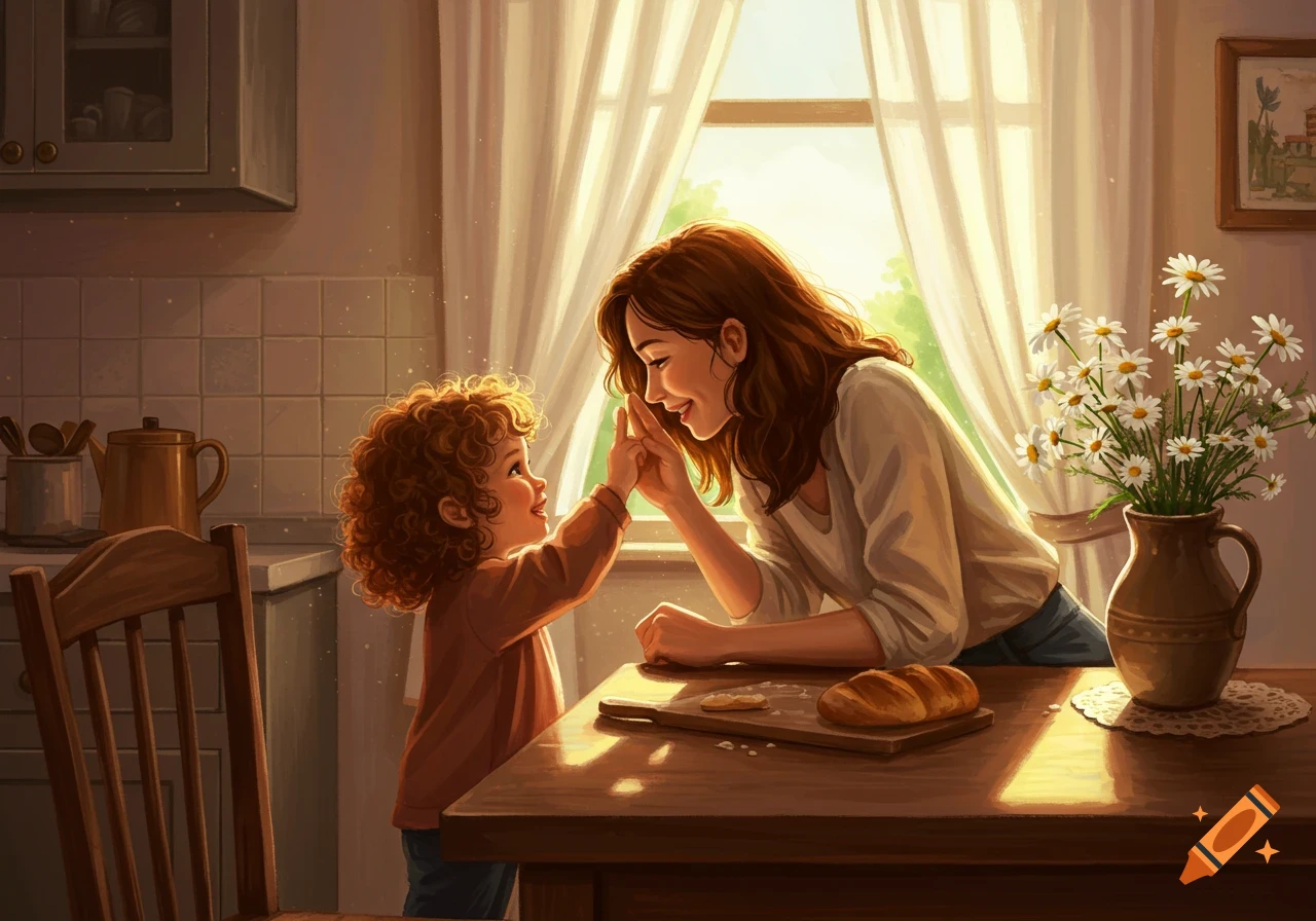 Warm illustration of a mother and child in a sunny kitchen, the child reaching up to touch the mother's nose.