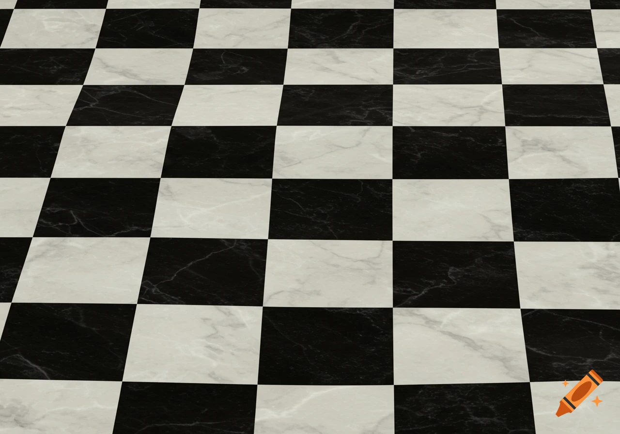 A black and white marble checkered floor pattern seen from a slight angle.