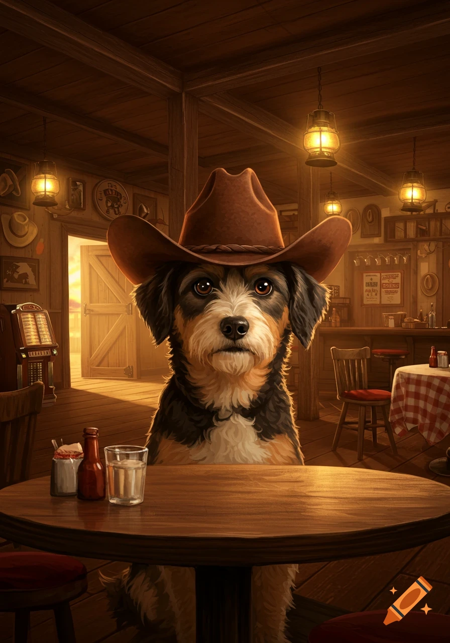 A cute dog wearing a cowboy hat sits at a wooden table in a rustic, warmly lit Western saloon.