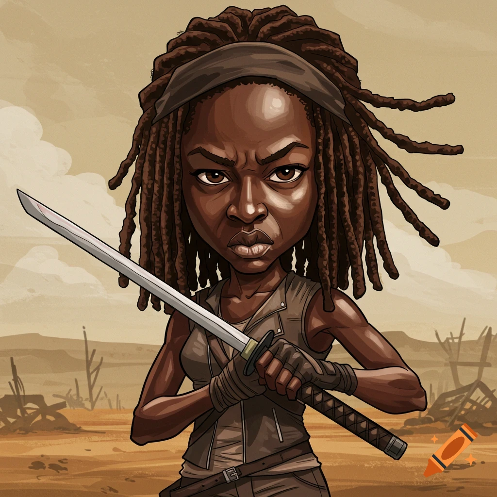 A cartoonish caricature of Michonne from The Walking Dead, scowling and holding a katana in a desolate landscape.