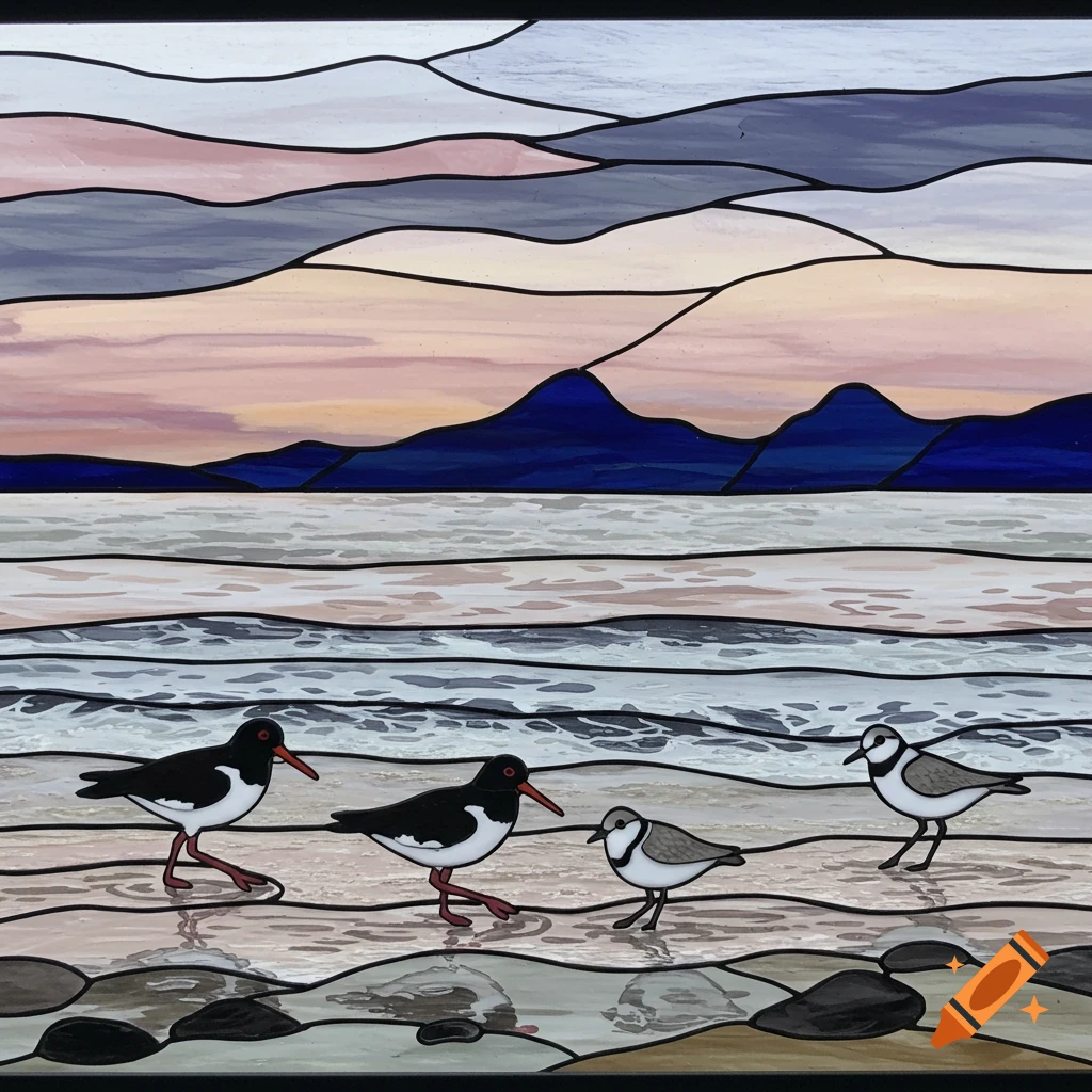 Stained glass panel of a beach with oystercatchers and a ringed plover on the sand, waves, and silhouetted mountains on the horizon.