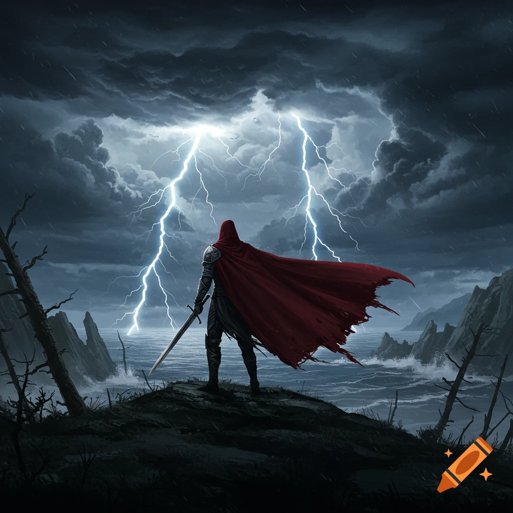 A warrior in armor and a red cape stands on a stormy coast, illuminated by lightning strikes over the sea. Fantasy art.