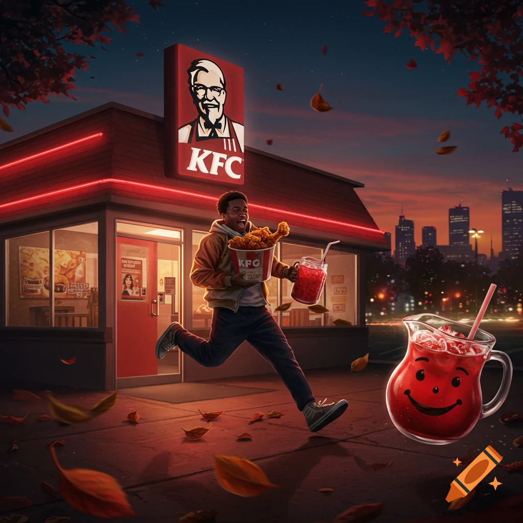 A young Black man runs from a KFC at dusk, holding a bucket of fried chicken and a pitcher of red Kool-Aid with a smiling face.