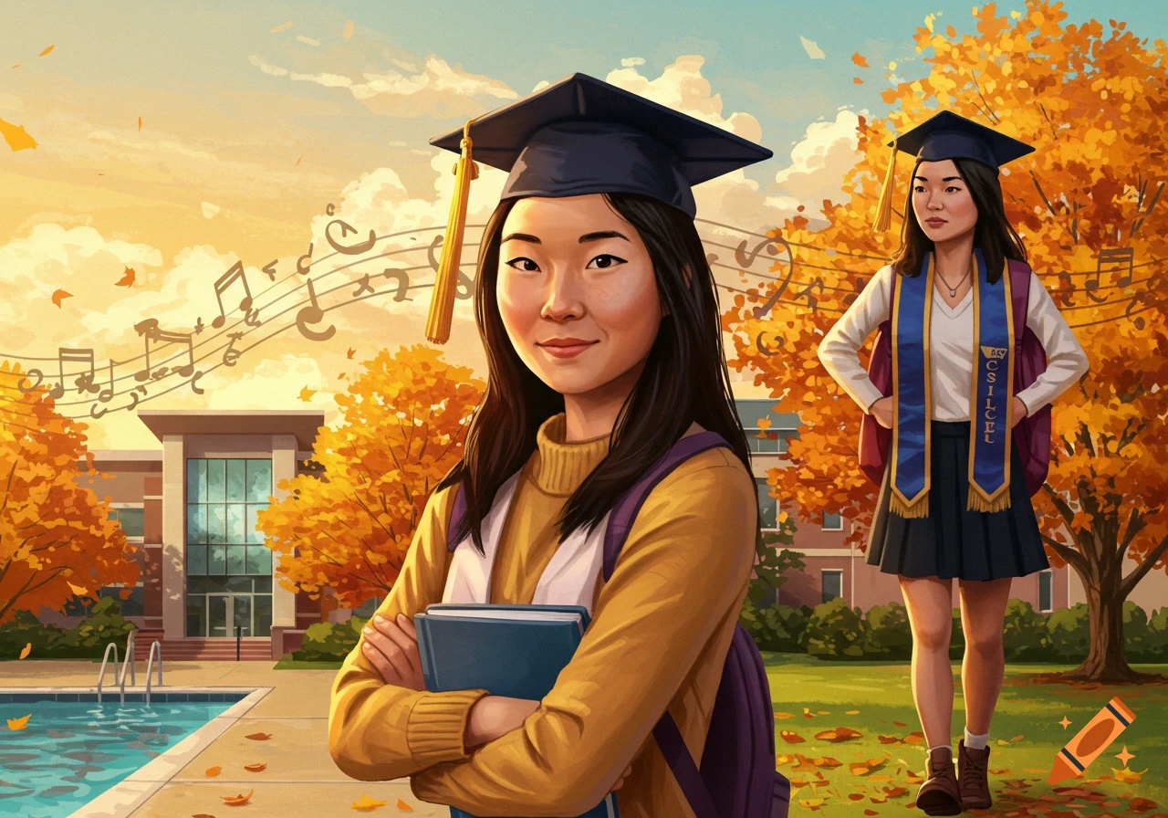 Illustration of two young Asian women in graduation caps and sashes on a college campus with autumn trees and a pool.