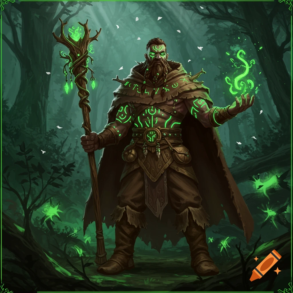 A bearded male druid with glowing neon green tattoos and a brown cloak holds a mace in a dark fantasy forest.