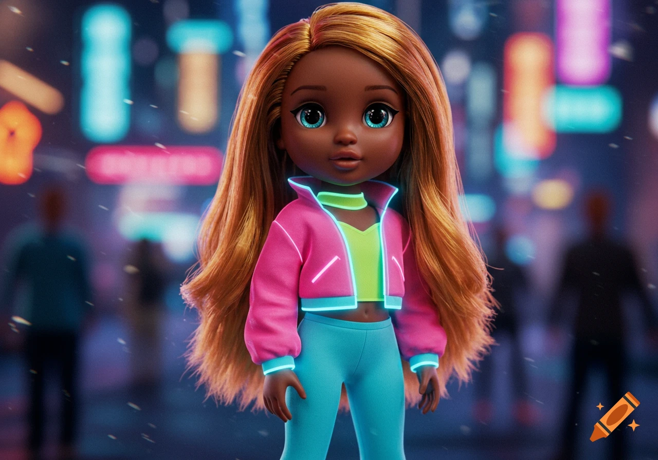 A brown doll with long golden hair and big blue eyes wears a pink and green neon outfit in a blurred neon city street.