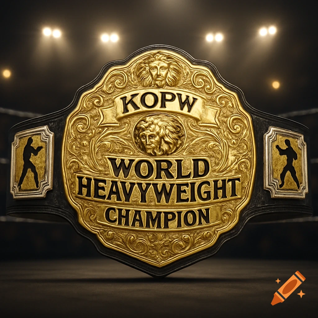 A detailed gold KOPW World Heavyweight Championship belt with intricate designs and wrestler silhouettes, set in a dimly lit boxing ring.