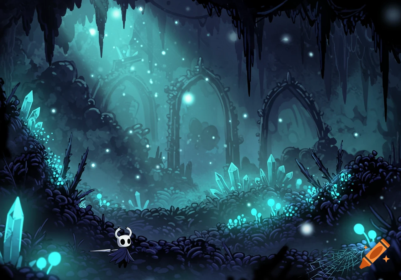 The Knight character stands in a luminous, crystal-filled underground cave with archways, in a stylized fantasy illustration.