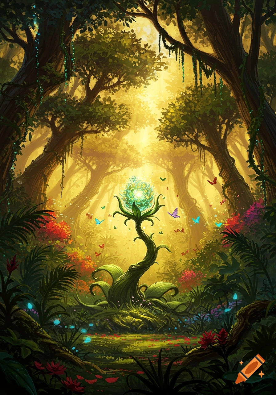 Vibrant fantasy forest with a glowing, magical plant at its center, surrounded by colorful butterflies and lush foliage.