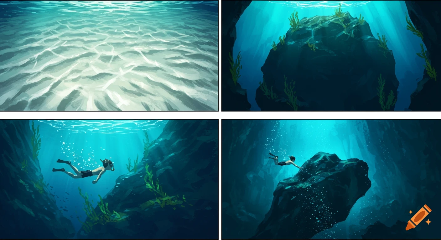 Four-panel illustration of an underwater scene. Top panels show water surface and a large rock. Bottom panels show a person snorkeling near rocks.
