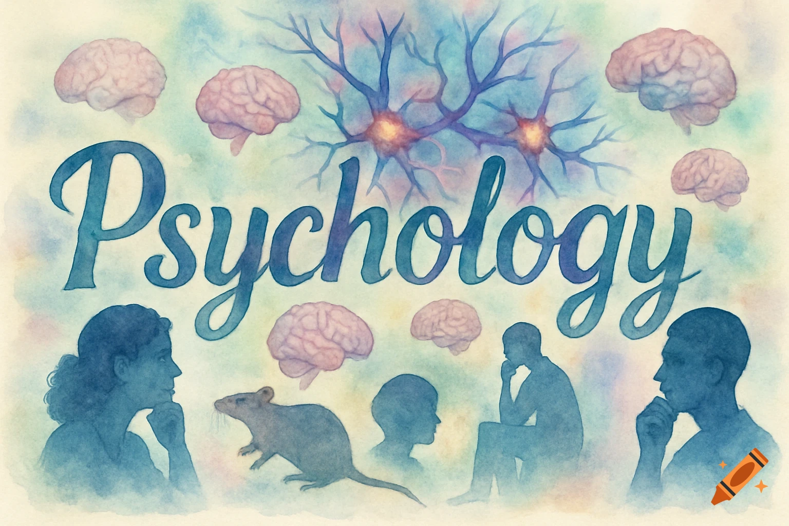 Watercolor illustration of the word 'Psychology' surrounded by brains, neurons, human silhouettes, and a rat.