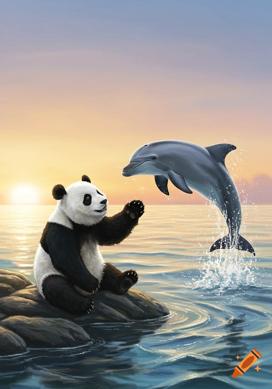 An illustration of a panda sitting on rocks by the ocean at sunset, waving at a dolphin jumping out of the water.