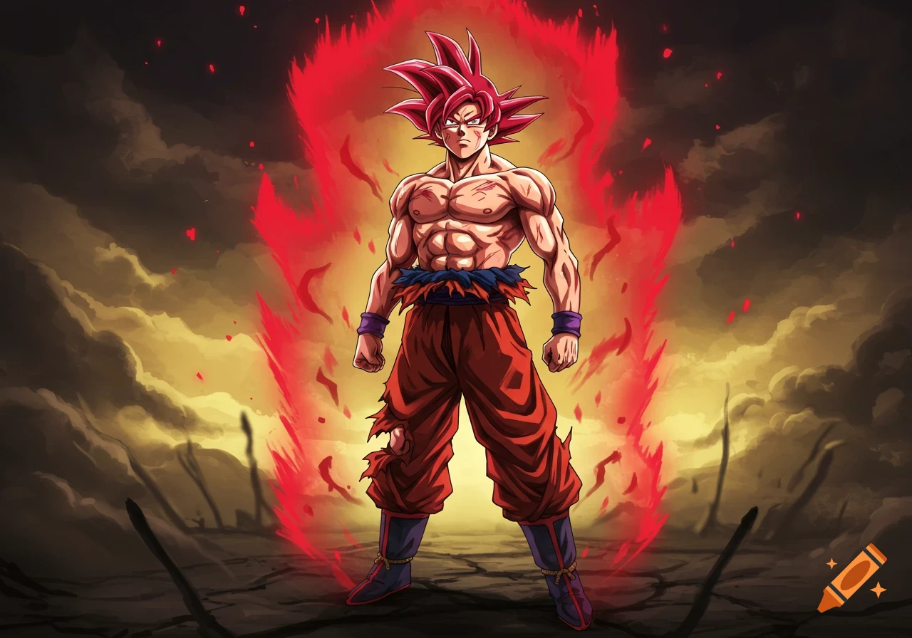 Anime illustration of Super Saiyan God Goku, shirtless and muscular, glowing with red energy in a desolate, stormy landscape.