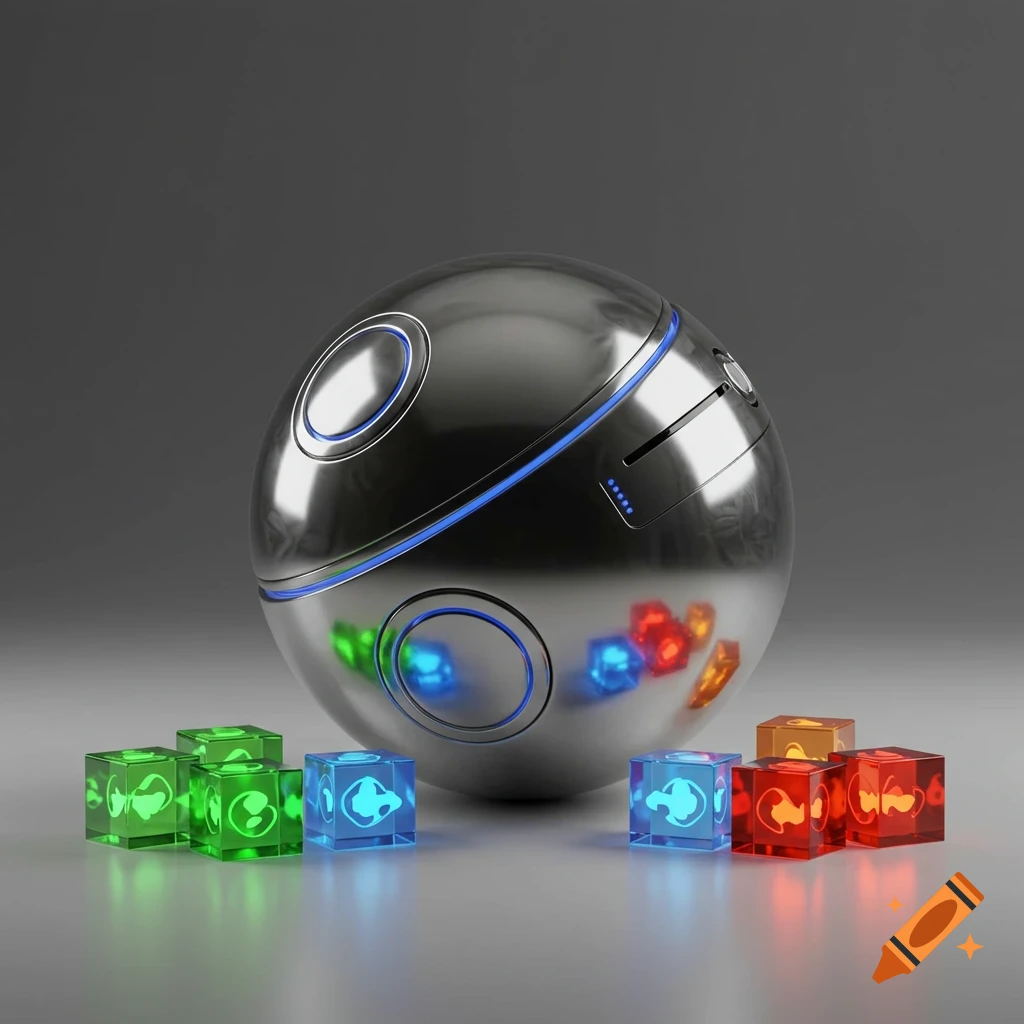 Shiny metallic sphere with blue lights, surrounded by glowing green, blue, and red translucent cubes with symbols, on a grey surface.