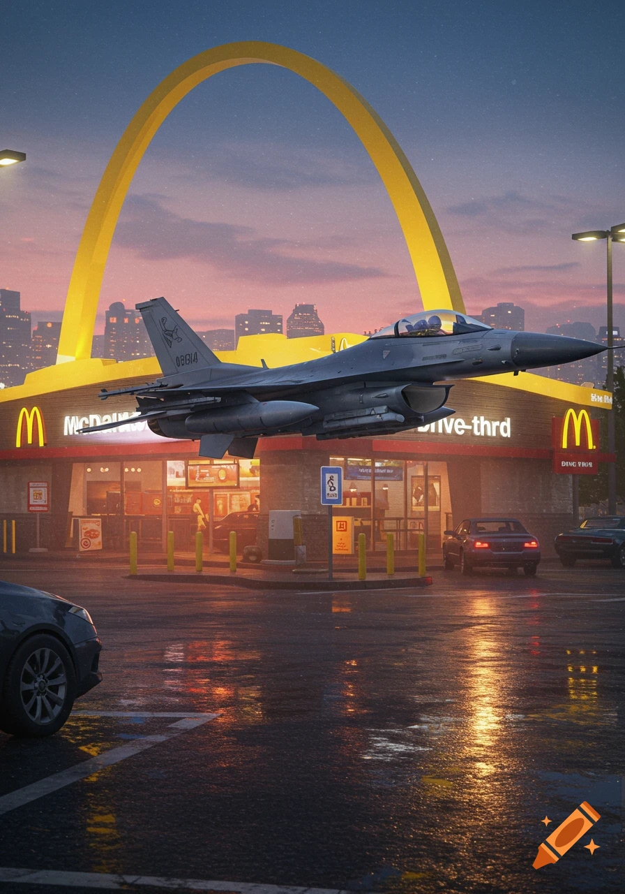 Photorealistic image of an F-16 fighter jet hovering over a McDonald's drive-thru at dusk, with city lights reflecting on wet pavement.