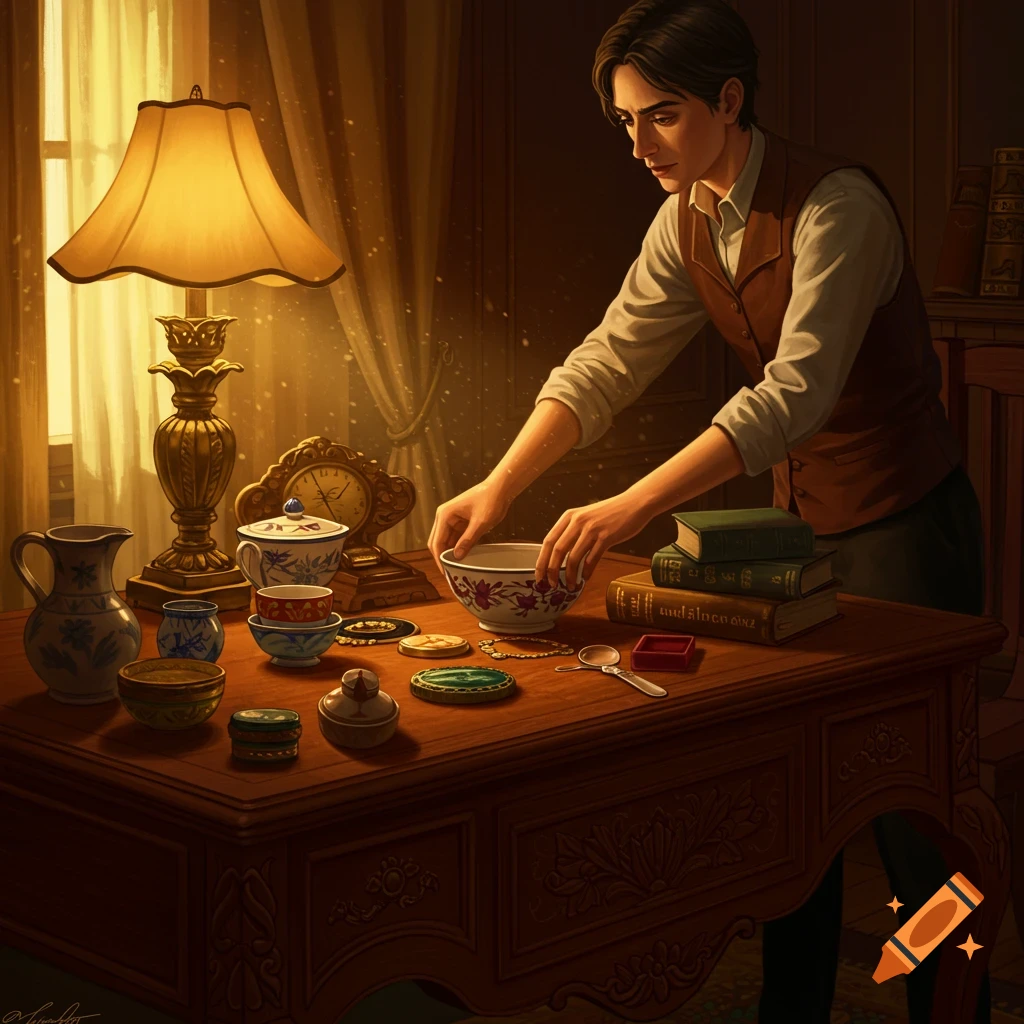 A man in a vest arranges various antique bowls, cups, and jewelry on a wooden desk in a warmly lit, elegant room.