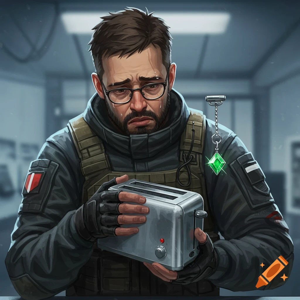 An illustration of a sad, bearded man in tactical gear and glasses holding a toaster, with a green emerald charm floating beside him.