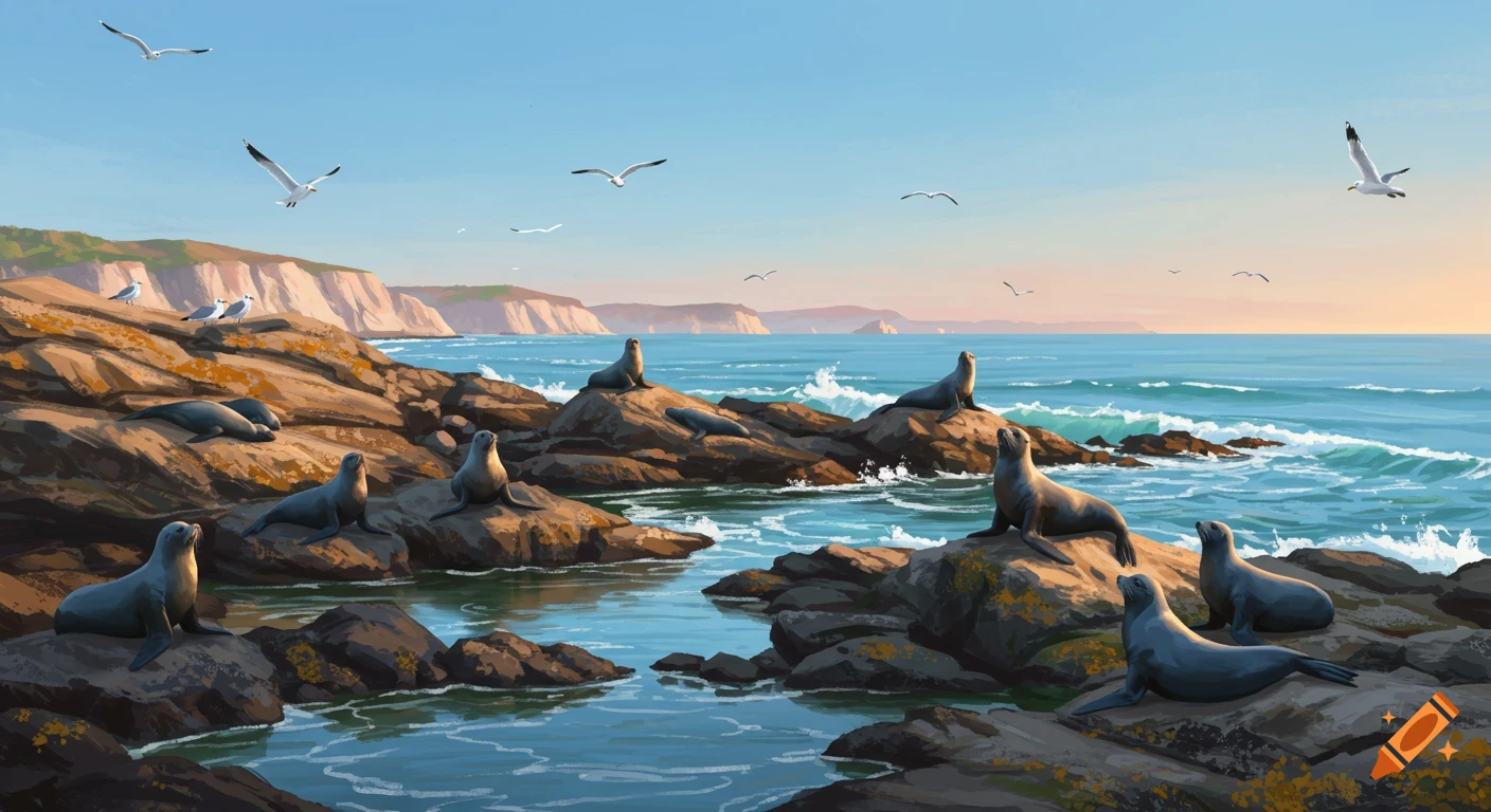 Seals and seagulls on rocky coastal outcrops beside a blue ocean under a clear sky, with distant cliffs.