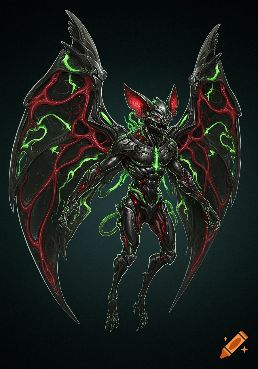 A futuristic biomechanical bat creature with glowing red and green accents on black armor and large, sharp wings.