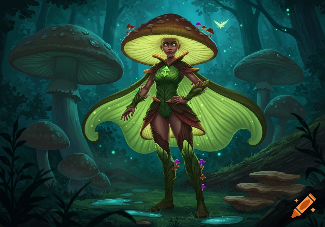 A mushroom-themed superhero girl with a large mushroom hat and leaf-like armor stands in a magical, dark green forest.