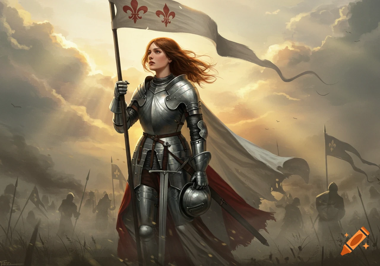 A female knight in shining armor holds a flag with red fleurs-de-lis, standing on a battlefield at sunset with other soldiers.