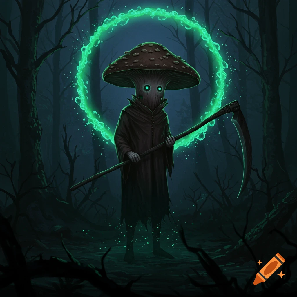 A dark fantasy mushroom creature with glowing eyes, wearing a cloak, holding a scythe, and surrounded by a green glow in a desolate forest.