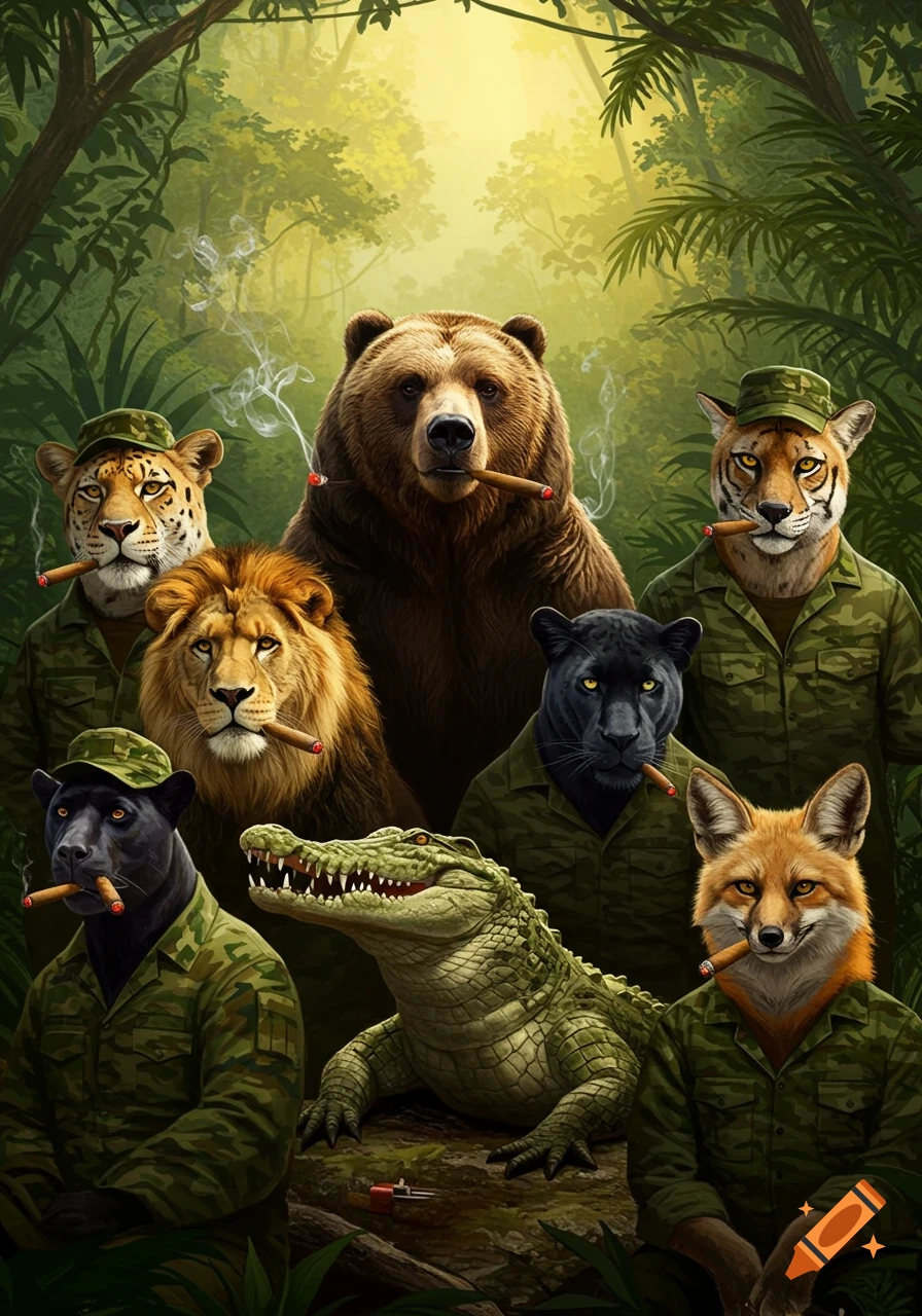 Anthropomorphic animals in camouflage uniforms, including a bear, lion, panthers, crocodile, fox, and leopard, all smoking cigars in a lush jungle.
