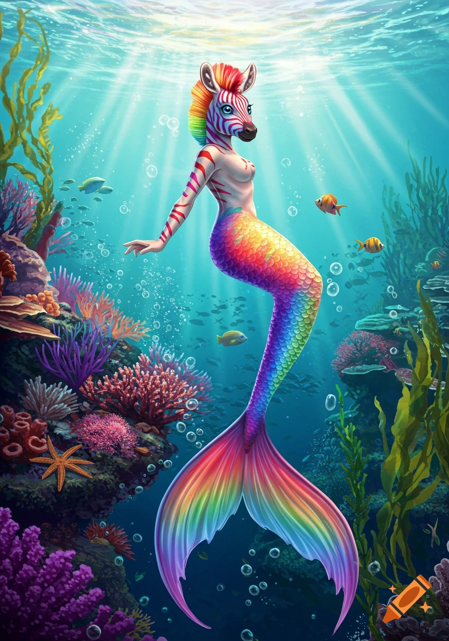 A colorful zebra-headed mermaid with a rainbow mane and tail swims in a vibrant underwater coral reef, surrounded by fish and light rays.