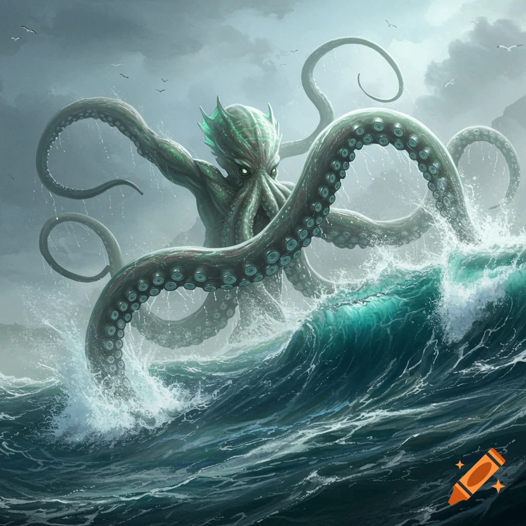 A huge green-skinned Kraken with glowing eyes rises from a turbulent, stormy sea under a grey sky, with seabirds flying.