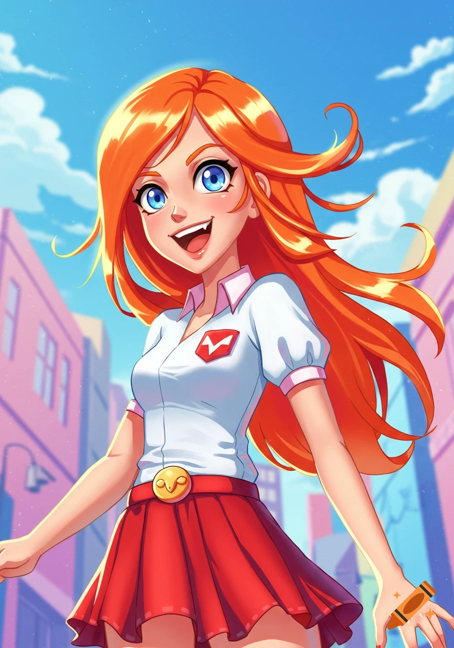 An anime girl with vibrant orange hair and blue eyes smiles brightly, wearing a white collared shirt and red pleated skirt, standing in a sunny outdoor setting with pink buildings in the background.
