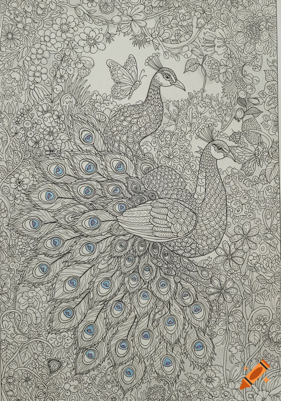 Detailed line art of two peacocks amidst intricate floral patterns and butterflies, with blue accents on tail feathers.