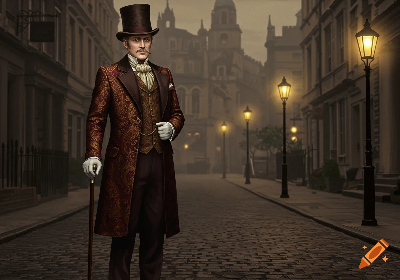 A man in a top hat and ornate patterned coat stands on a foggy cobblestone street lined with gas lamps and old buildings.