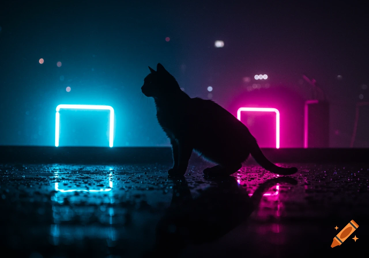 Black cat silhouette on a wet, dark surface with reflections of blue and pink neon lights.