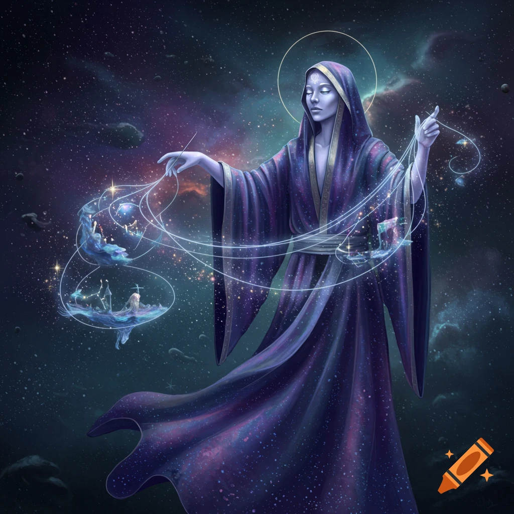 A cosmic being in a starry robe with a halo, manipulating glowing threads that weave miniature worlds against a deep space background.