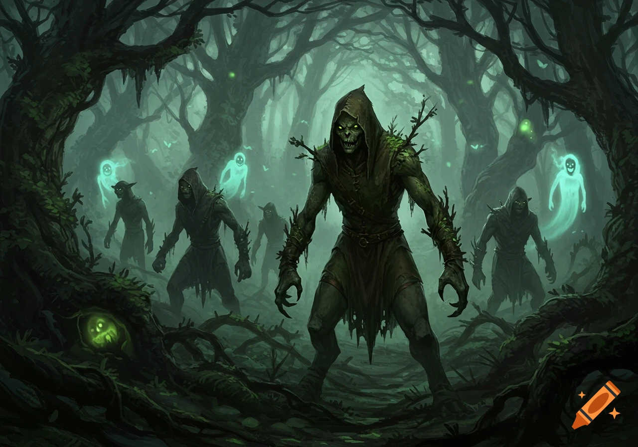 Hooded humanoid monsters with glowing eyes stand in a dark, mossy forest with ethereal glowing ghosts.