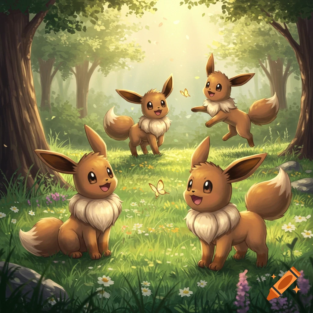 Four cute Eevee play and explore in a sunny, vibrant green forest clearing with wildflowers, in a fantasy art style.