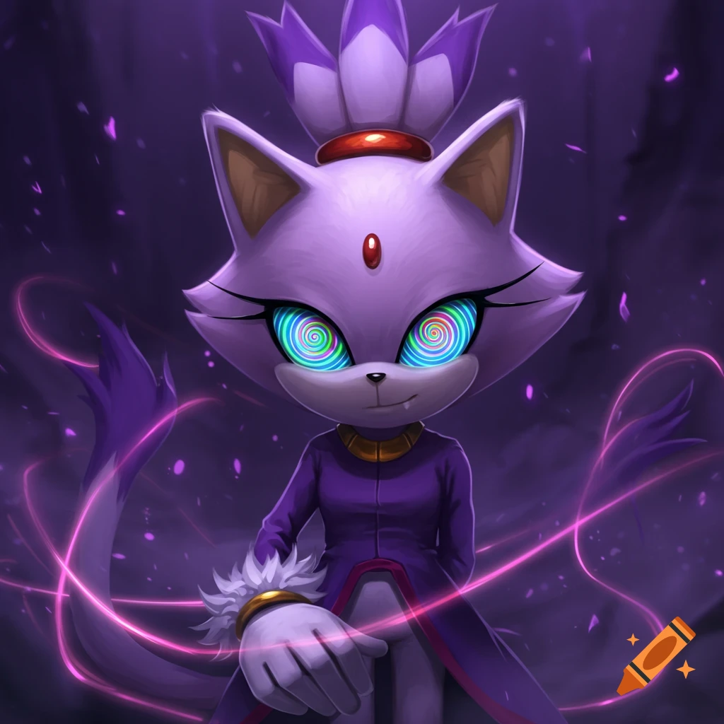 Blaze the Cat with glowing, multicolored spiral hypnotic eyes and a smug expression, surrounded by pink energy on a dark purple background in a digital art style.