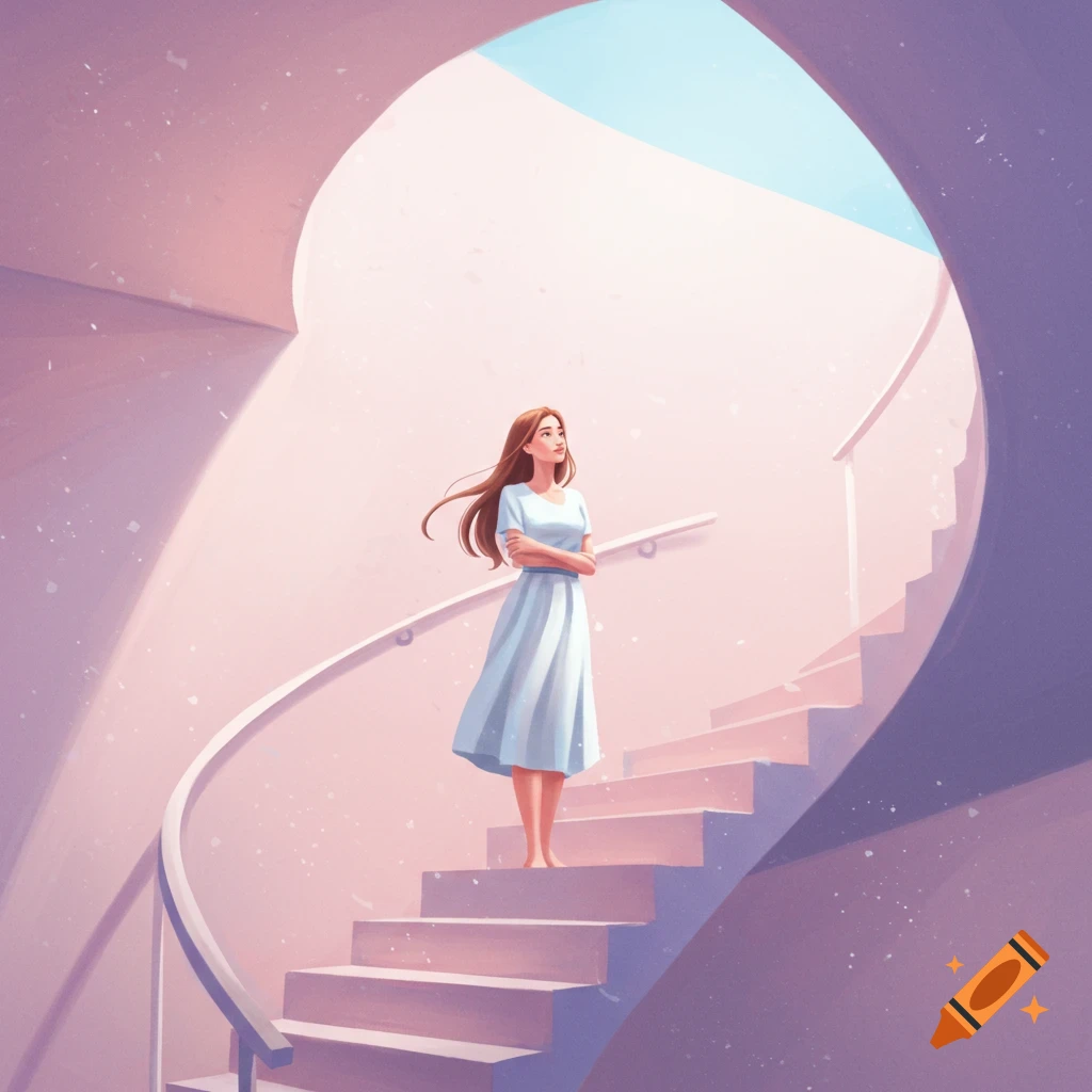 An illustration of a woman in a light blue dress standing on a pastel winding staircase, looking up into soft light.