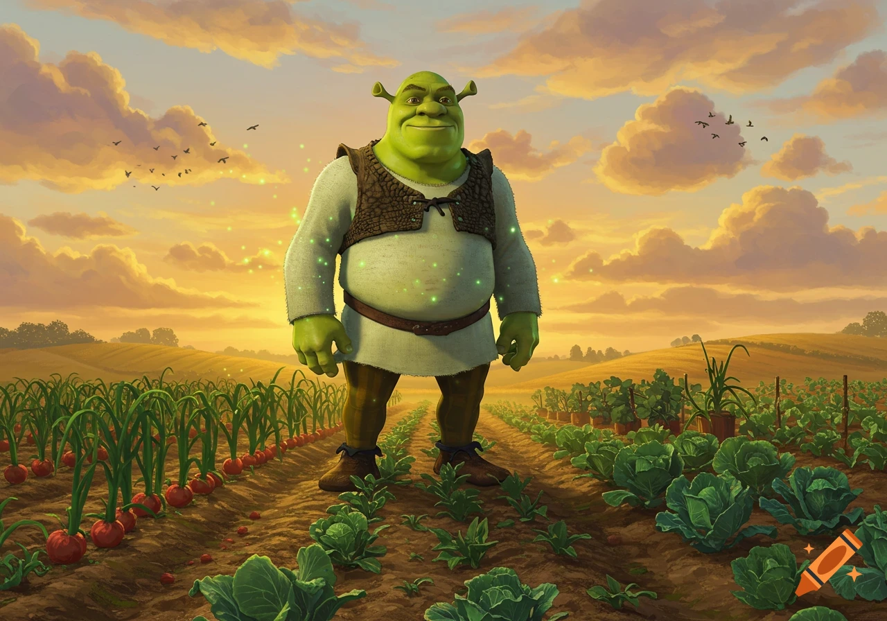 Shrek stands in a lush green field filled with rows of growing vegetables under a vibrant orange and yellow sunset sky, glowing with a faint green aura.