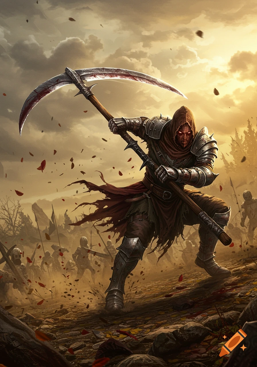 A hooded dark warrior with glowing red eyes wields a blood-splattered scythe on a battlefield at sunset, amidst other shadowy figures.