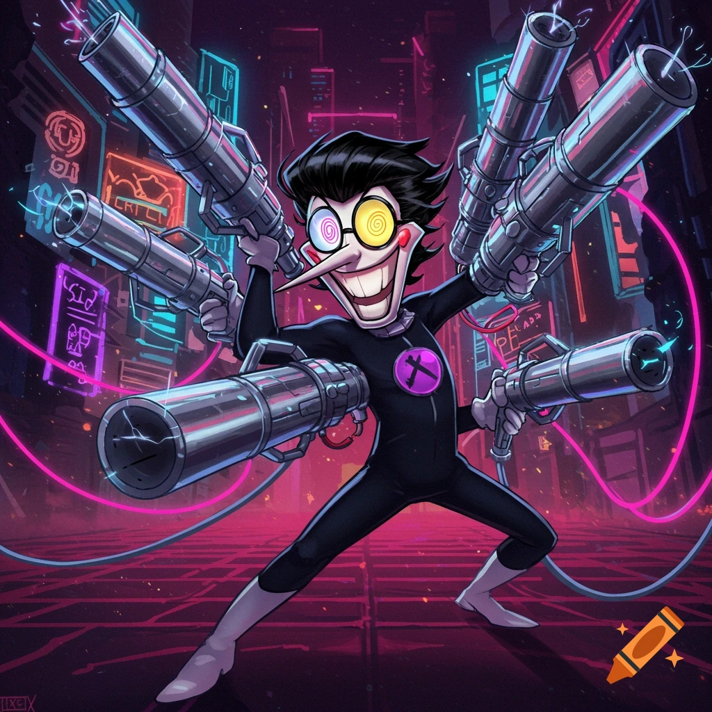 Spamton from Deltarune, a cartoonish character with a long nose and wide grin, stands in a neon cyberpunk city, wielding multiple large guns.