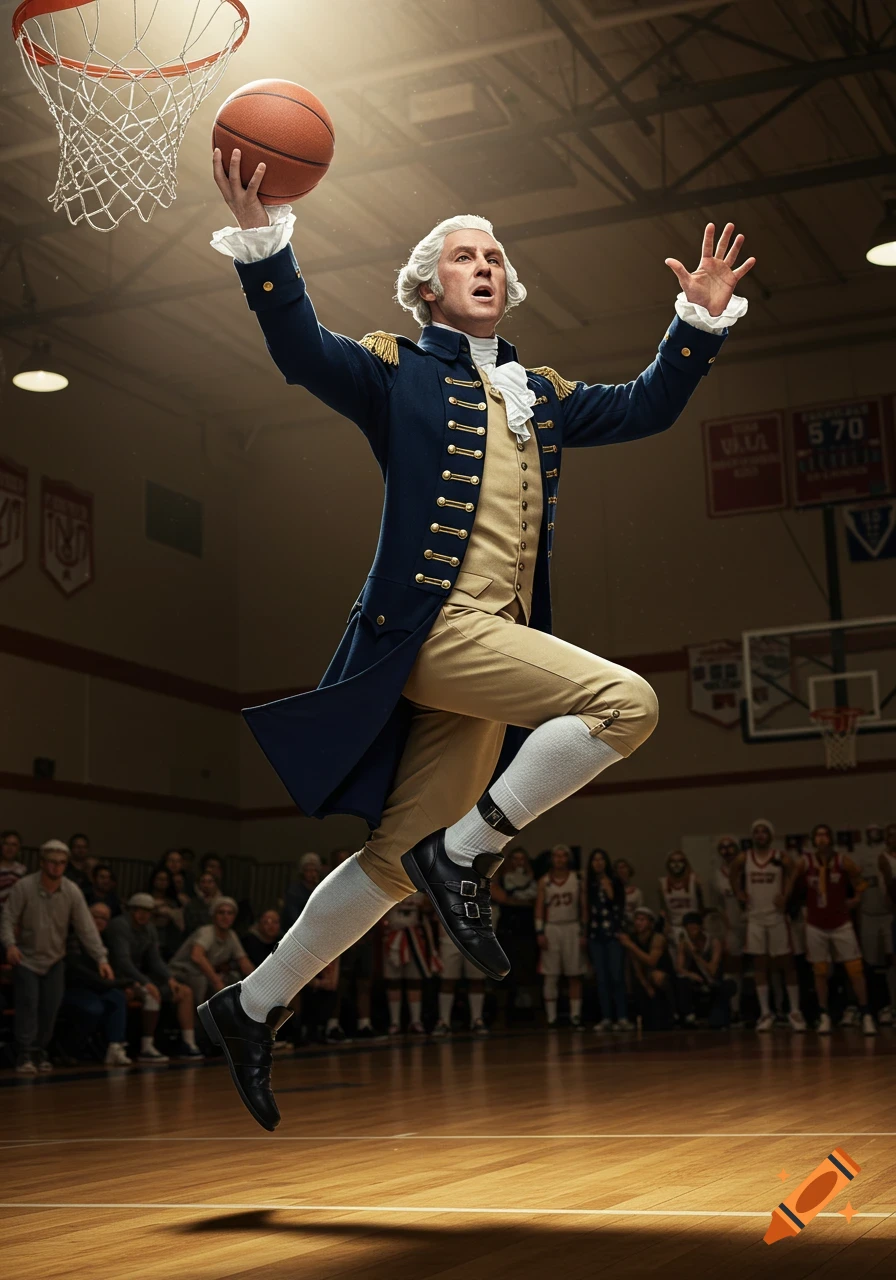 George Washington in colonial attire leaps to dunk a basketball on an indoor court, photorealistic.