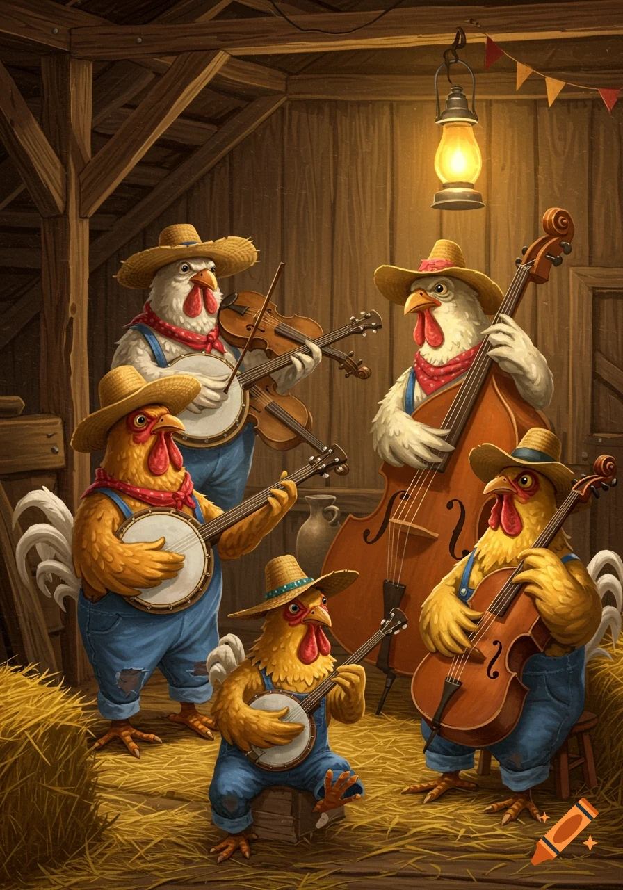 Anthropomorphic chickens in straw hats and overalls play banjos, violin, and upright bass in a rustic barn, caricature style.