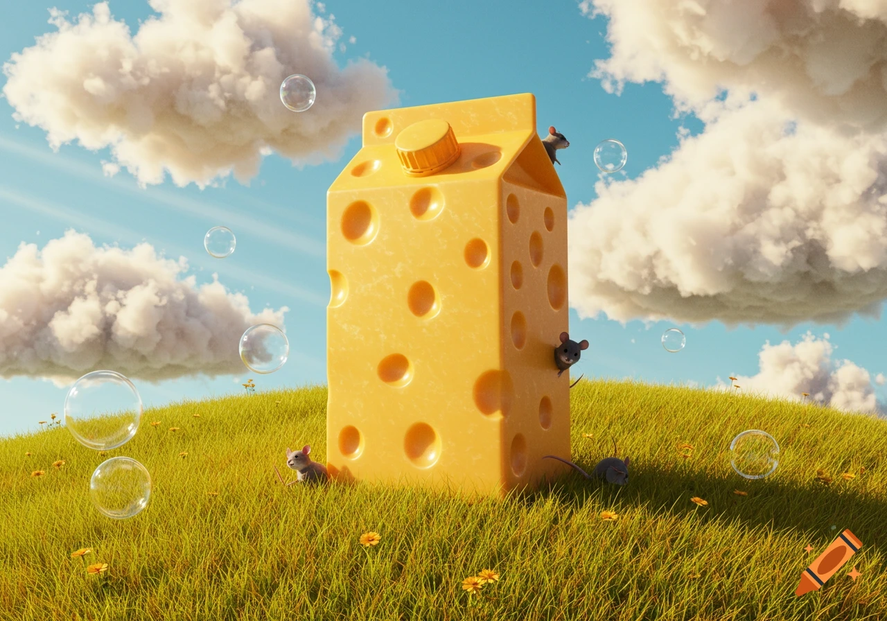 A giant cheese-shaped juice box stands in a vibrant green field under a blue sky with fluffy clouds and bubbles. Several small mice are around it, some peeking from holes.