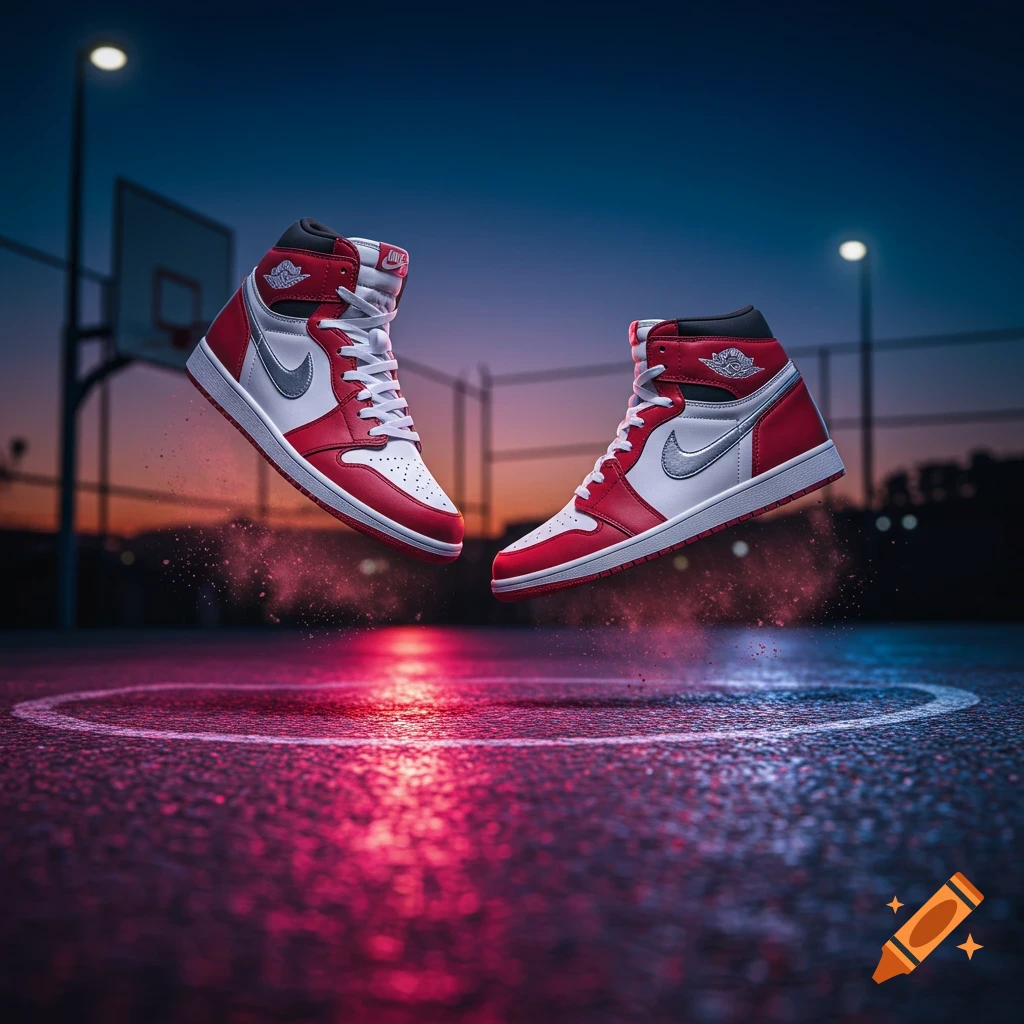 Red and white Air Jordan sneakers float over a glowing basketball court at dusk, hoop in background. Photorealistic.