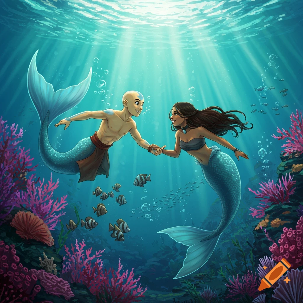 Aang and Katara as mermaids holding hands, swimming gracefully through a vibrant coral reef filled with fish, light rays filtering from above.