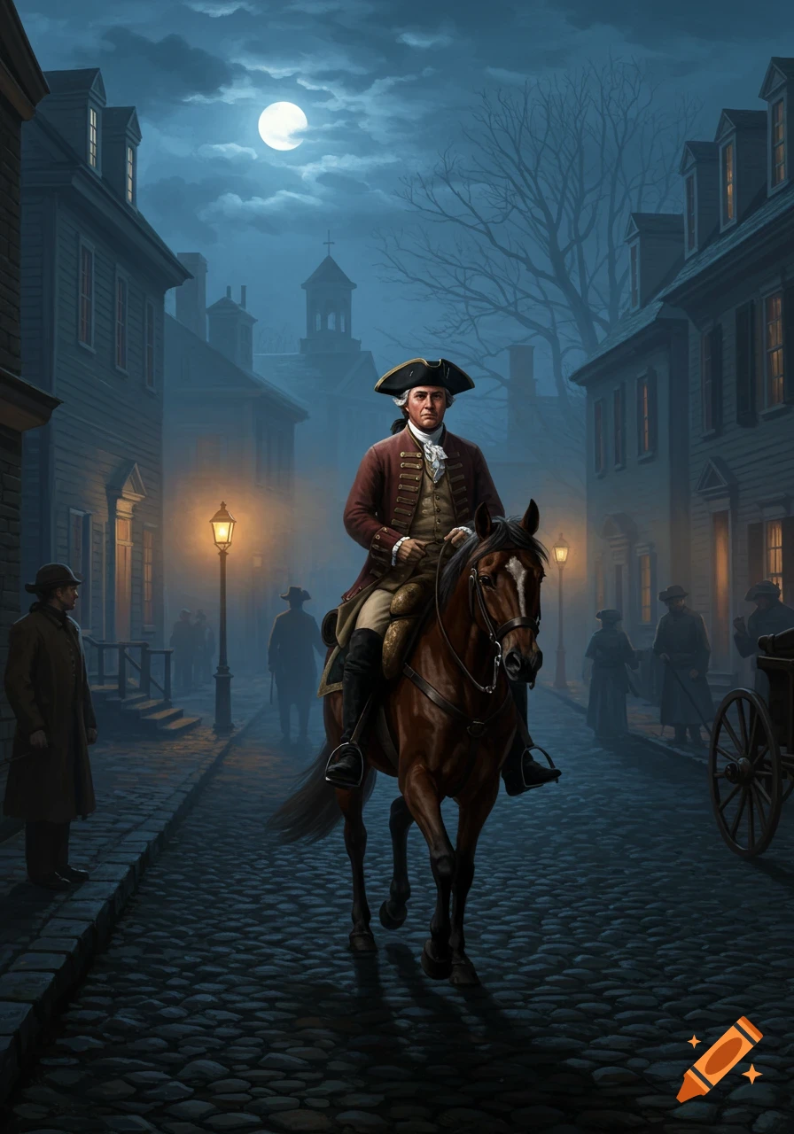 A distinguished man in colonial attire rides a horse through a foggy, moonlit colonial street at night, in an oil painting.